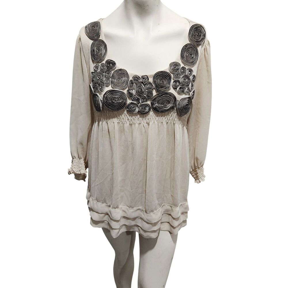Ice Y2K Babydoll Top Womens SZ XL Babydoll 3D Rosettes Sheer Cream Layered VTG‎